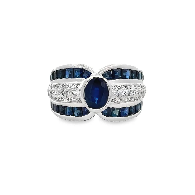 Sapphire and Diamond Band Ring in White Gold