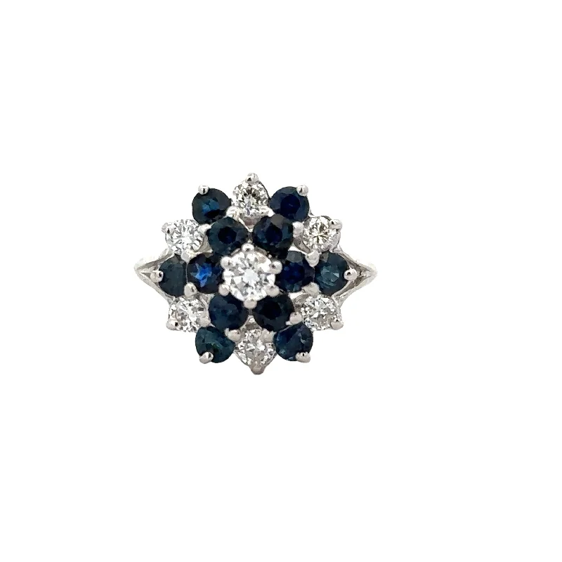 Sapphire and Diamond Cluster Ring in White Gold