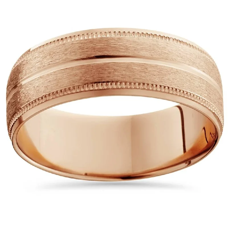 14K Rose Gold Mens Brushed Milgrain Beveled Wedding Band 8mm