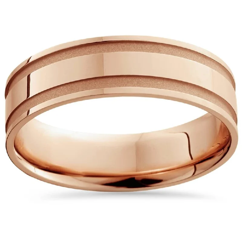 14K Rose Gold Mens Grooved Wedding Band 6mm