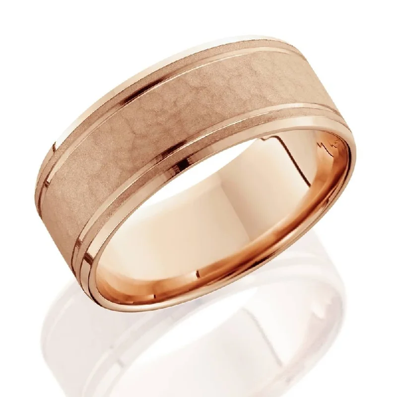 8mm Hammered Center Mens Wedding Band 14K Rose Gold