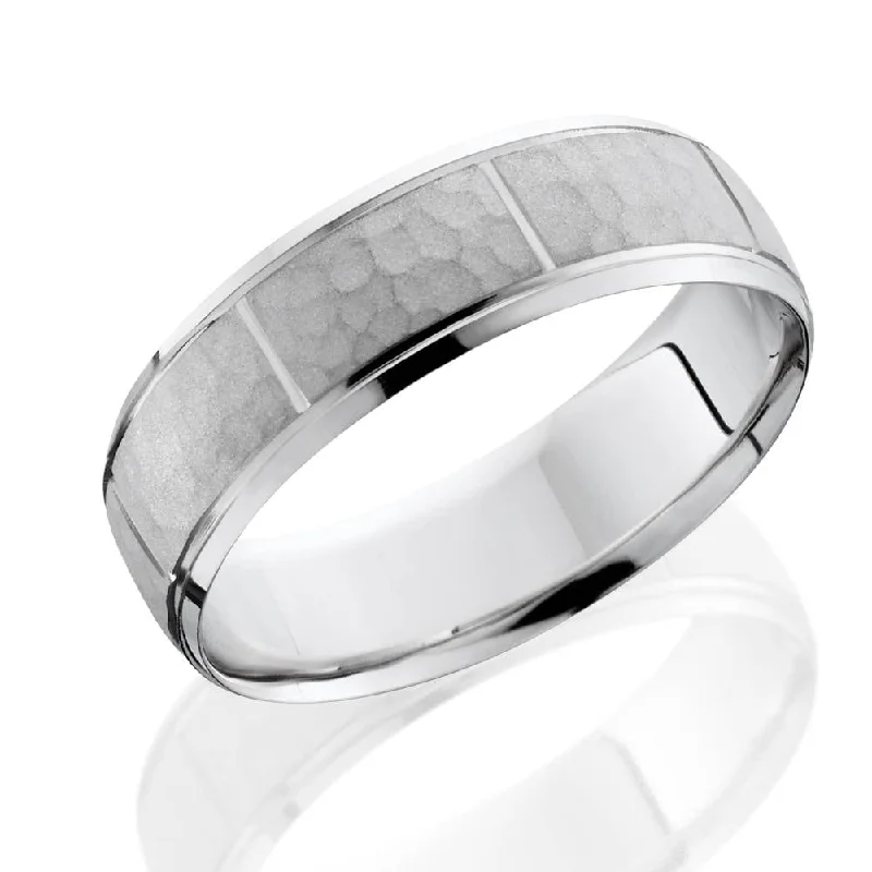 Hammered Mens 7mm Wedding Band White Gold