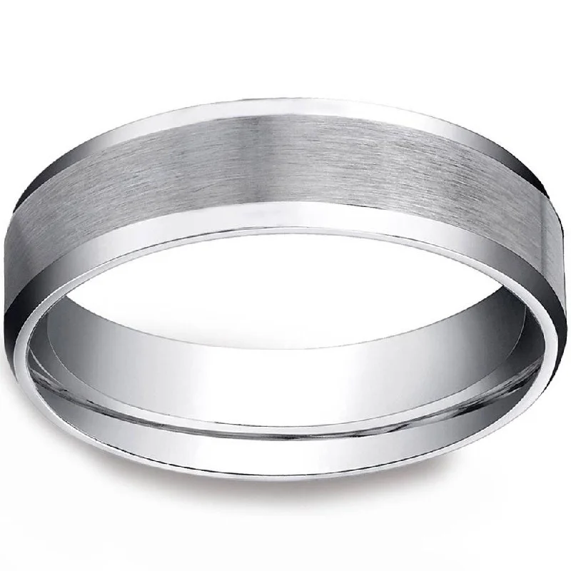 Men's White Gold 6mm Plain Wedding Band with Satin Center and Beveled Sides