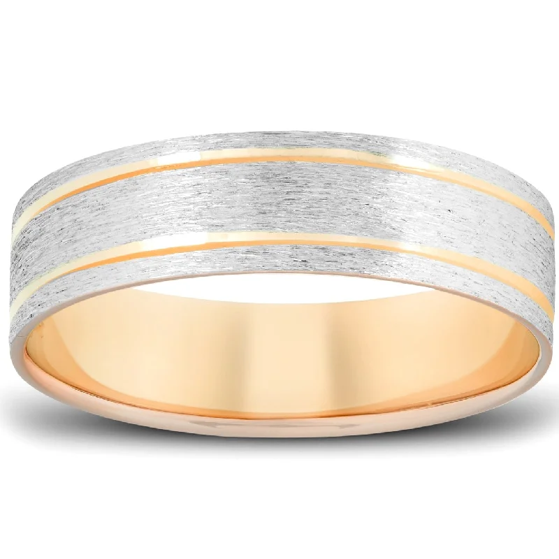 Mens Yellow Gold 6mm Brushed Two Tone Ring Wedding Anniversary Band