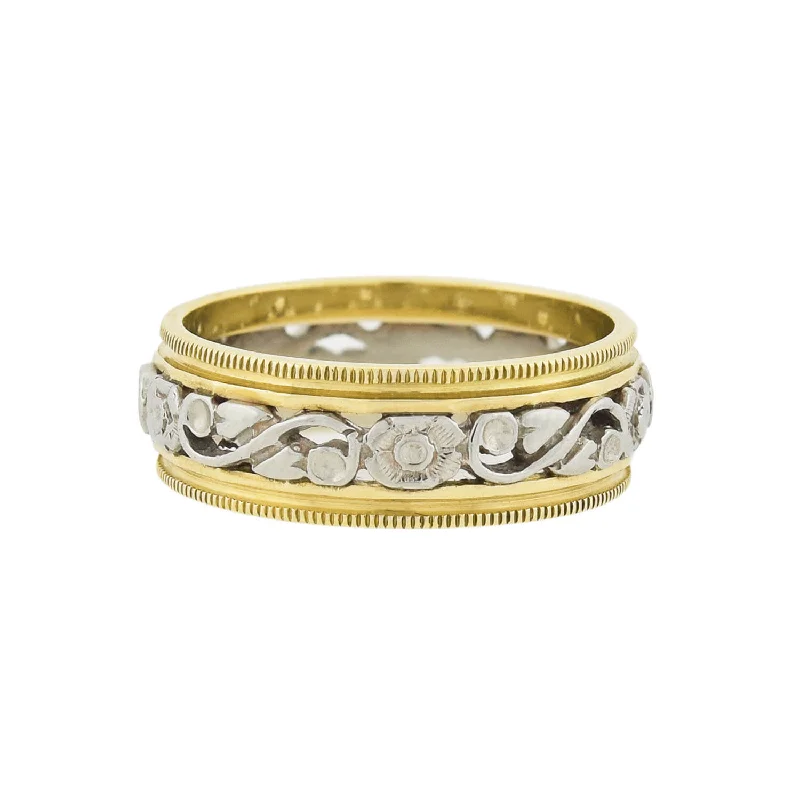 Retro 14kt Yellow + White Gold Mixed Metals Carved Floral Band