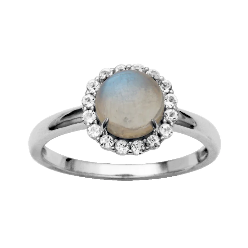 Sterling Silver Blue Rainbow Moonstone and White Topaz Ring