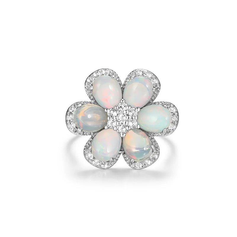 Sterling Silver Opal and White Topaz Flower Ring