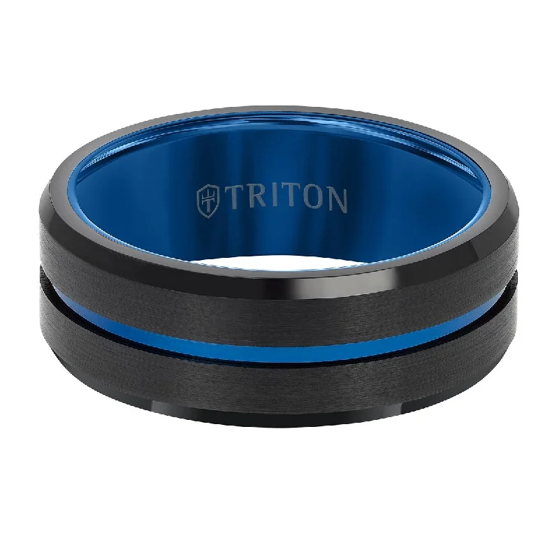 Triton 8MM Black and Blue Tungsten Wedding Band