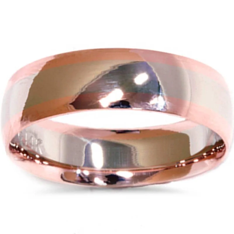 White & Rose Gold Plain High Polished Wedding Band 14K